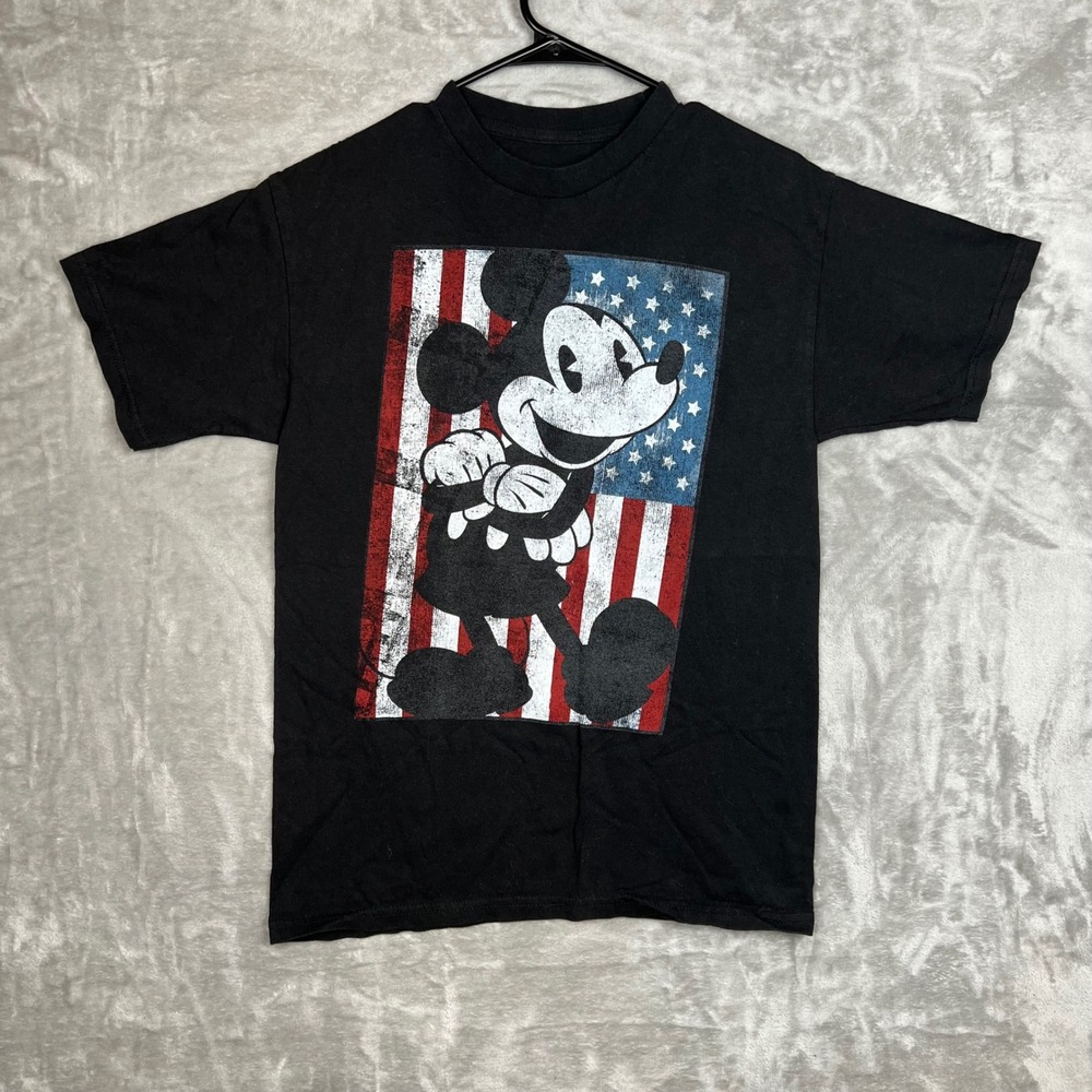 Disney Mickey Mouse Graphic T-Shirt‎ Black American Flag Patriotic Adult M